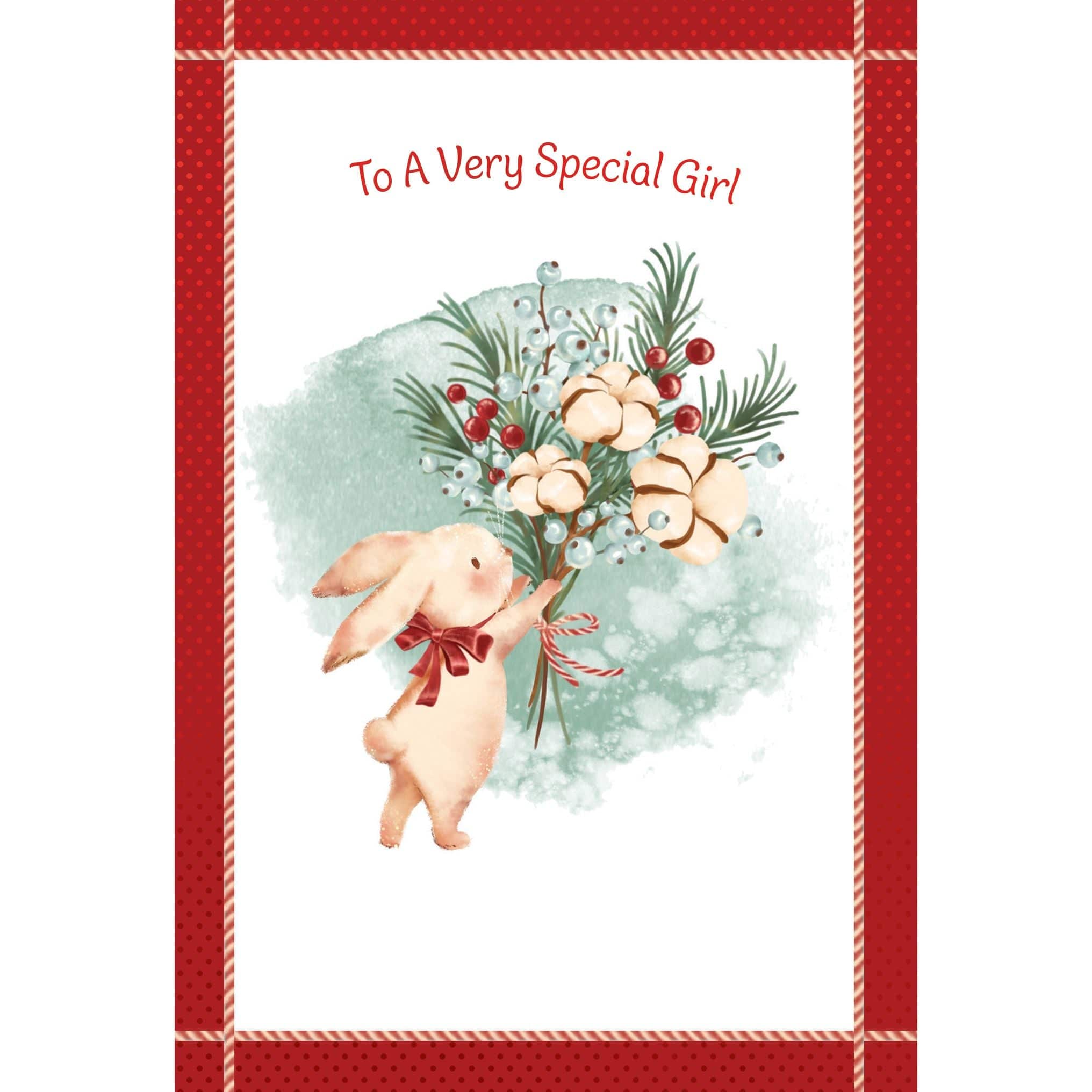 Cute Tiny Bunny Christmas card featuring a girl, from Pictura's seasonal holiday greeting card collection.